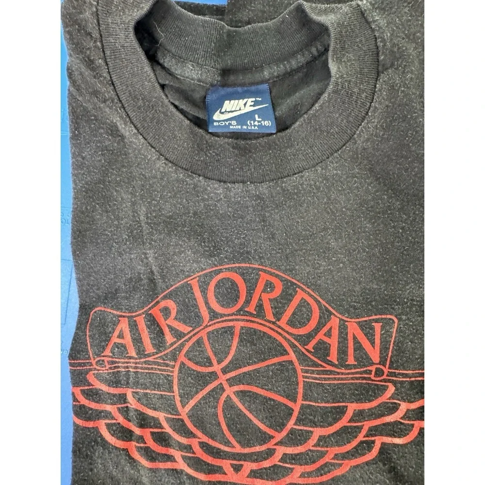 Vintage Nike Air Jordan Wings T-Shirt Boys L Faded Black Red 80s 90s Made USA